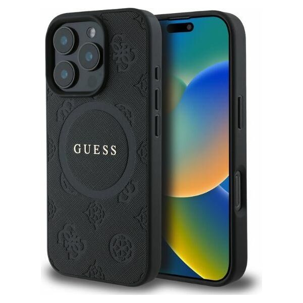 Guess case for iPhone 16 Pro 6,3&quot; GUHMP16LPSAPSMEK black hardcase Saffiano Peony Classic Logo MagSafe 3666339327811