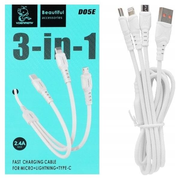 Kabel USB Denmen KABEL USB 3W1 DENMEN BIAŁY 1M D05E>