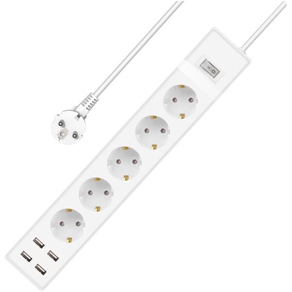 Extension socket No brand, 5 way, 250V, 16A, Cable, 3m., 4 x USB F, With switch, White - 17890 έως 12 άτοκες Δόσεις