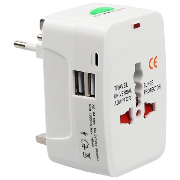 Universal travel adapter - charger No brand, 2xUSB, 1хUSB-C,1.0A, EU/US/UK/AU to EU/US/UK/AU, 220V, White - 17892 έως 12 άτοκες Δόσεις