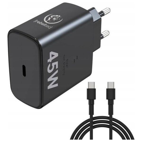 Zasilacz Rebeltec Zasilacz PD45W USB-C uniwersalny do notebooków, smartphonów, tabletów, power banków i innych urzšdzeń z gniazdem zasilajšcym USB-C.