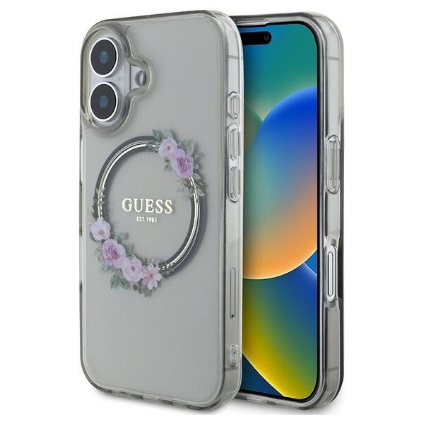 Guess case for iPhone 16 6,1&quot; GUHMP16SHFWFCK IML Flowers Wreath black MagSafe 3666339346348