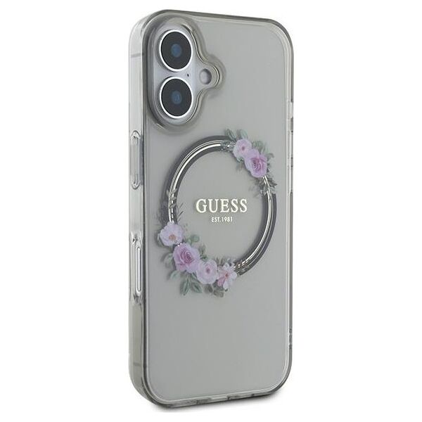 Guess case for iPhone 16 6,1&quot; GUHMP16SHFWFCK IML Flowers Wreath black MagSafe 3666339346348