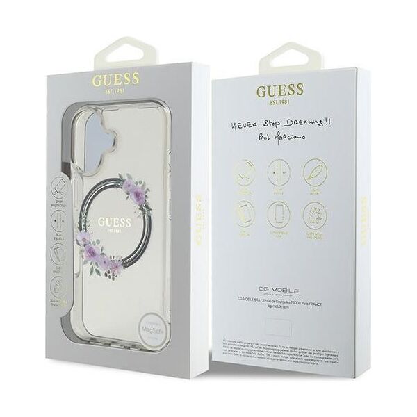 Guess case for iPhone 16 6,1&quot; GUHMP16SHFWFCK IML Flowers Wreath black MagSafe 3666339346348