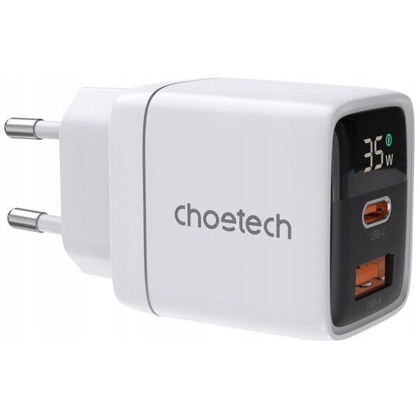 Ładowarka Choetech Ładowarka sieciowa Choetech PD6052 USB-C USB-A PD 35W GaN z wyświetlaczem - biała