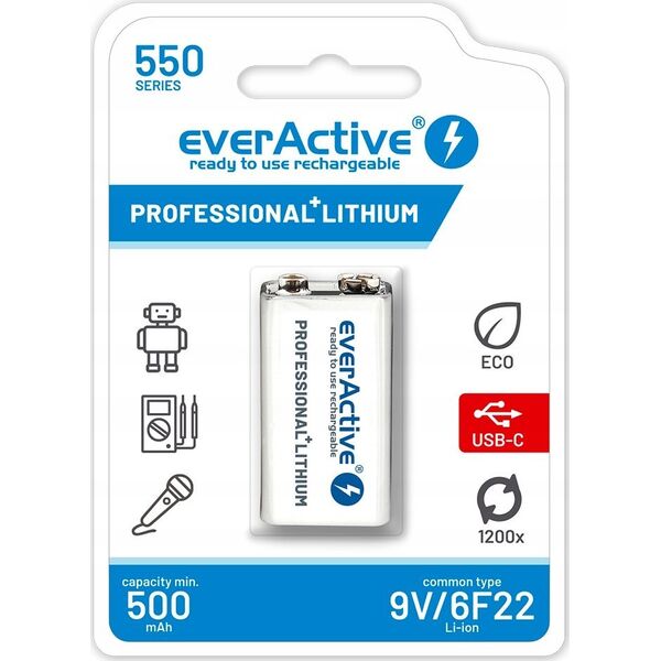 EverActive Akumulatorek everActive 6F22/9V Li-ion 550 mAh z USB TYP C