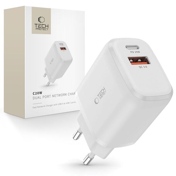 Tech-Protect C20W USB-C PD 20W / USB-A QC 3.0 network charger - white 9589046924293