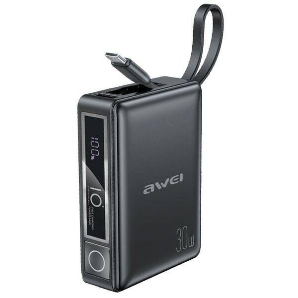 AWEI PowerBank with built-in cable P87K 10000mAh black/black 30W 6954284008624