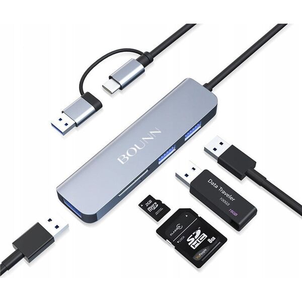 HUB USB Bounn Adapter 5w2 USB/Type-C to USB3.0+USB2.0*2+SD/TF