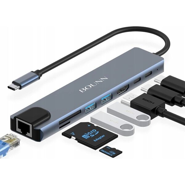 Stacja/replikator Bounn Adapter 8w1 Typ-C to HDMI +RJ45(100Mbps)+USB3.0+USB2.0+SD/TF+68W PD+U