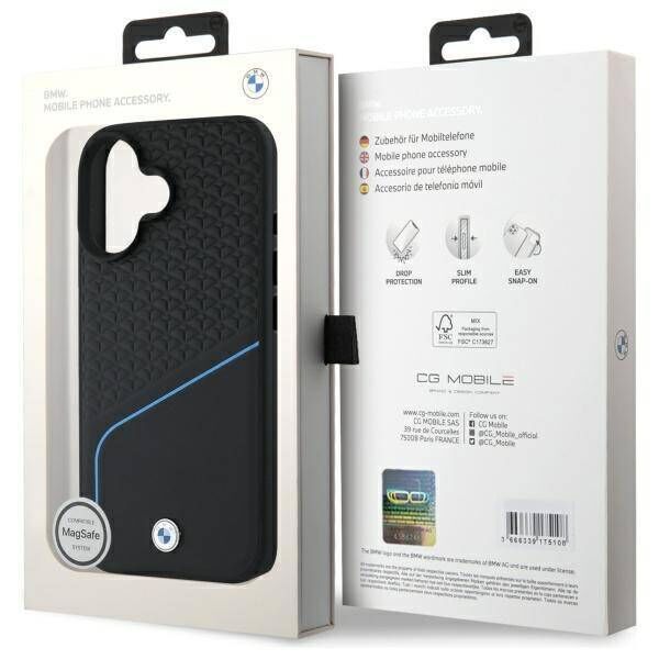 Original Case IPHONE 16 BMW Hardcase Signature Leather Textured & Line MagSafe (BMHMP16S23RDCLK) black 3666339323288