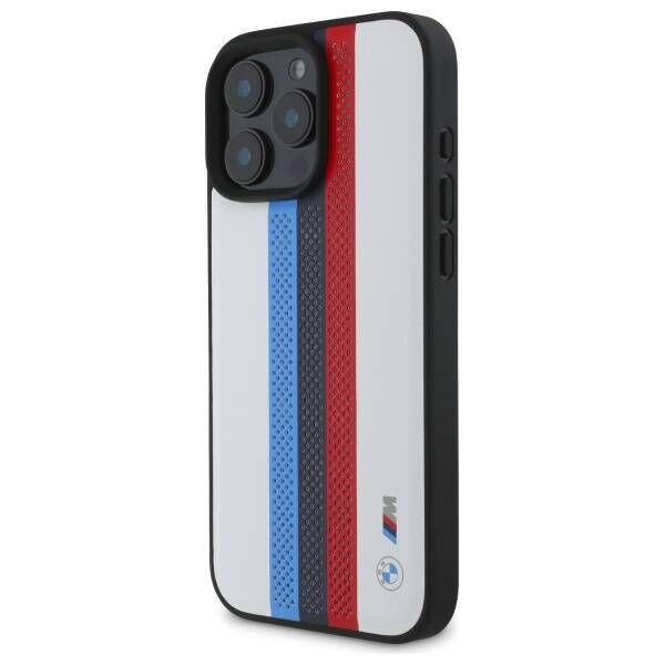 Original Case IPHONE 16 PRO MAX BMW Hardcase M Perforated Tricolor Printed Stripes MagSafe (BMHMP16X23PUPTH) white 3666339324193