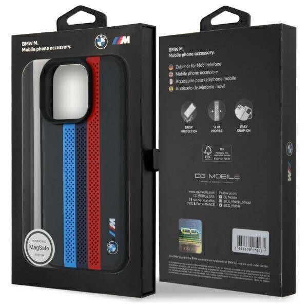Original Case IPHONE 16 PRO MAX BMW Hardcase M Perforated Tricolor Printed Stripes MagSafe (BMHMP16X23PUPTK) black 3666339324155