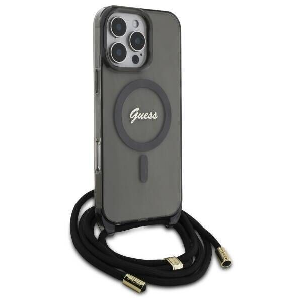 Original Case IPHONE 16 PRO MAX Guess Hardcase Crossbody Cord Script MagSafe (GUHMP16XHCTSGNSK) black 3666339345679