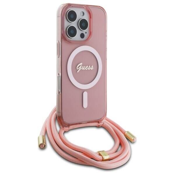Original Case IPHONE 16 PRO MAX Guess Hardcase Crossbody Cord Script MagSafe (GUHMP16XHCTSGNSP) pink 3666339345914