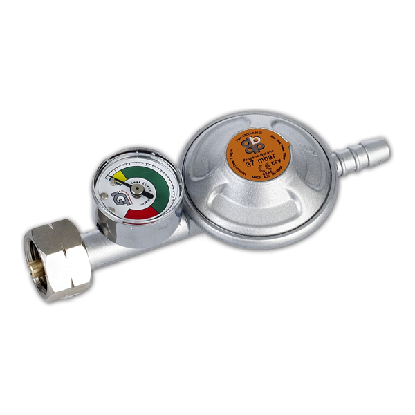 Bradas Reduktor gazowy 37mbar 1.5kg/h z zaworem bezpieczeństwa i manometrem na wąż 9-10mm (RG A310IE-M)
