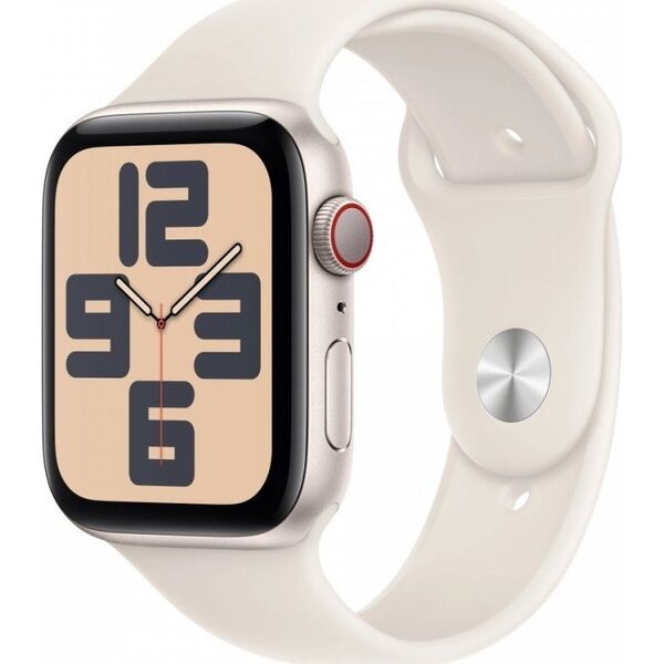 Smartwatch Apple Watch SE GPS + Cellular, koperta 44 mm z aluminium w kolorze księżycowej powiaty z paskiem sportowym w kolorze księżycowej powiaty - rozmiar M/L
