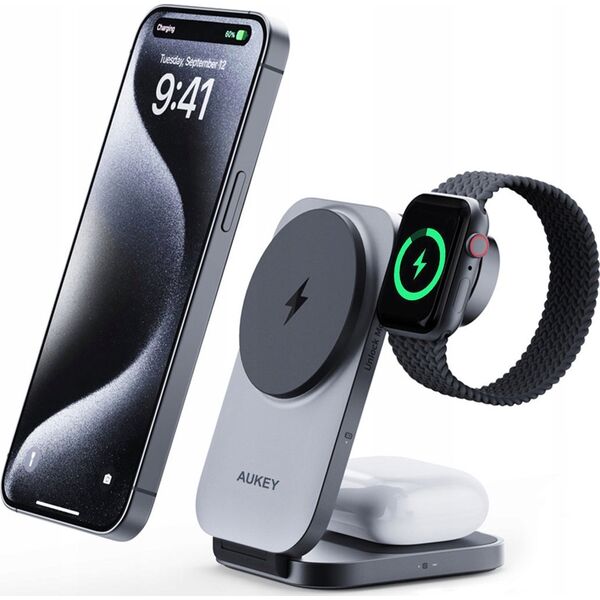 Ładowarka Aukey Aukey Bezprzewodowa ładowarka 3w1 Qi2.0, 15W, na iPhone, Apple watch i Airpods