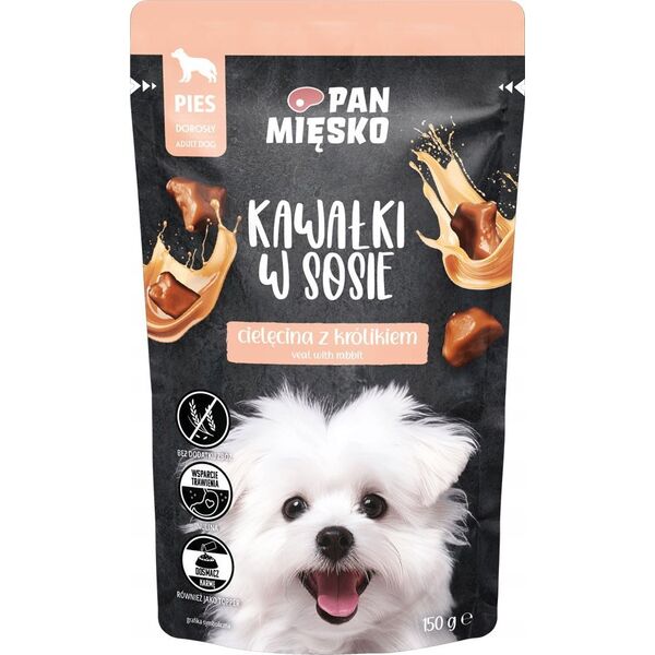 Pan Mięsko PAN MIĘSKO Kawałki w sosie Cielęcina z królikiem (dorosły) - Karma mokra dla psa - 150g