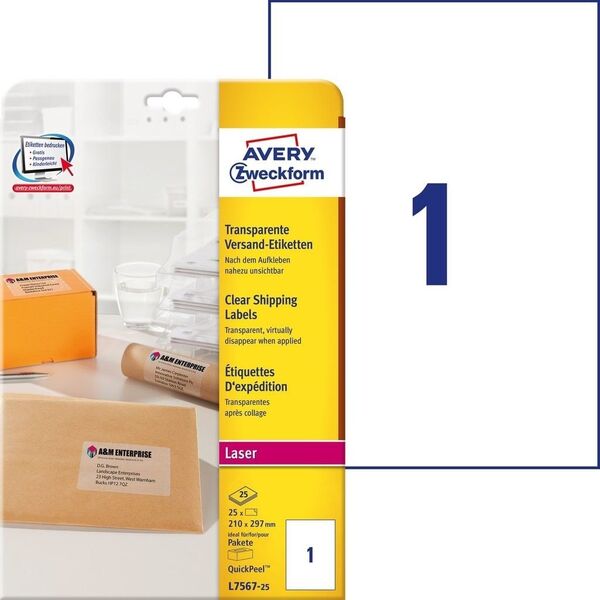 Avery Zweckform Przeźroczyste etykiety do drukarek laserowych 210x297mm 25 arkuszy (L7567-25) 709660 4004182047774