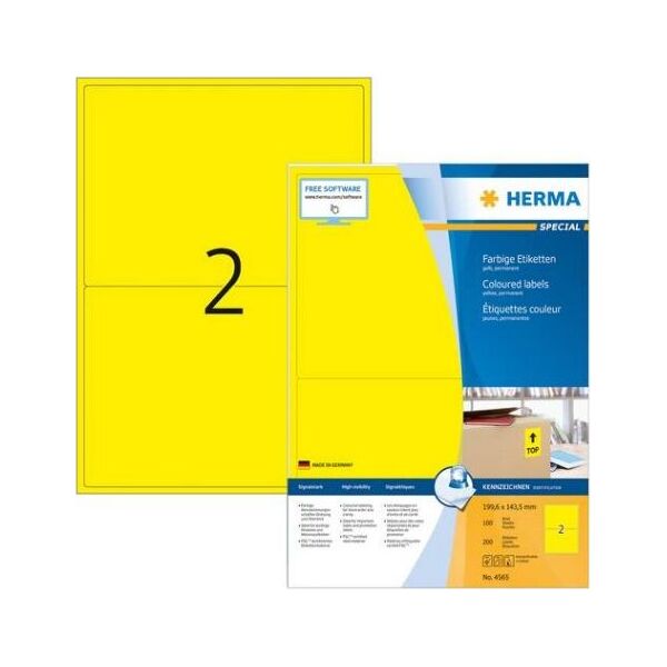 Herma Kolorowe etykiety A4, 199,6 x 143,5 mm, żółty, trwała przyczepność - 4565 1637015 4008705045650
