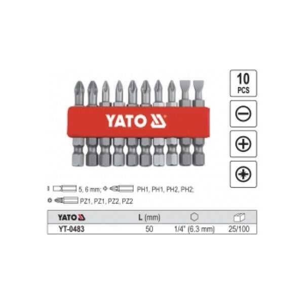 Yato Końcówki wkrętakowe 5,6mm Ph1 Ph2 Pz1 Pz2 50mm 1/4 10szt. YT-0483 3021627 5906083904837