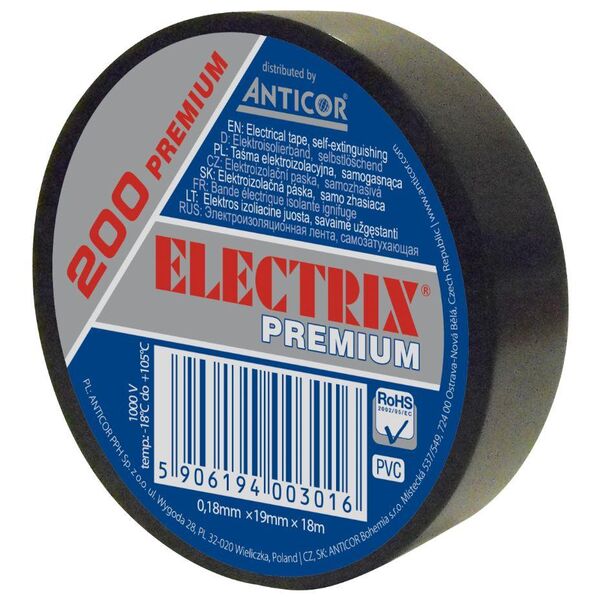 Anticor Taśma elektroizolacyjna ELECTRIX 200 PREMIUM 19mm 18m czarna 3164560 5906194003016