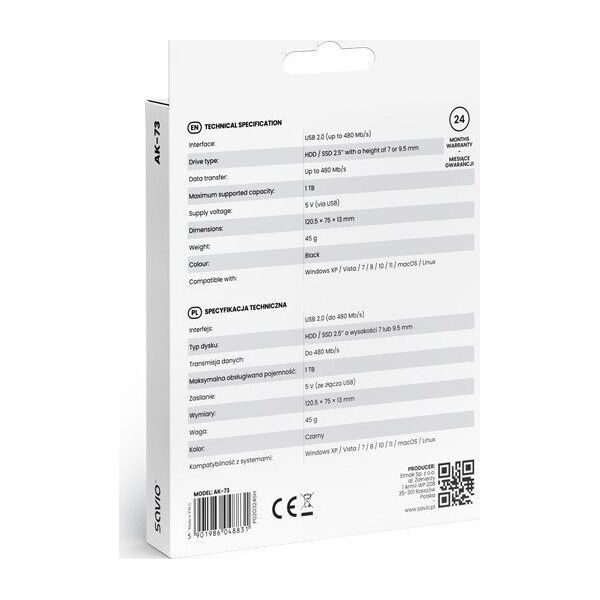 Kieszeń Savio Obudowa na dysk zewnętrzny HDD / SSD 2.5' USB 2.0 AK-73
