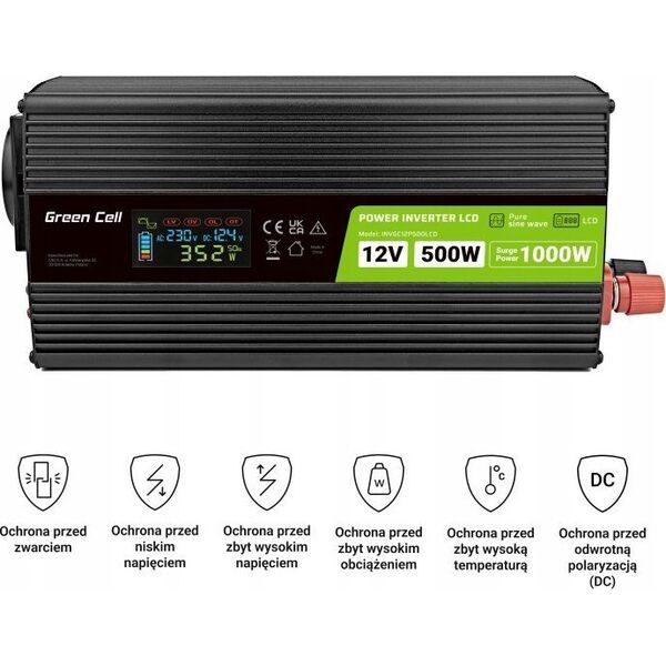 Przetwornica Green Cell GREEN CELL PRZETWORNICA LCD 12V/230V 500W/1000W CZYSTY SINUS INVGC12P500LCD