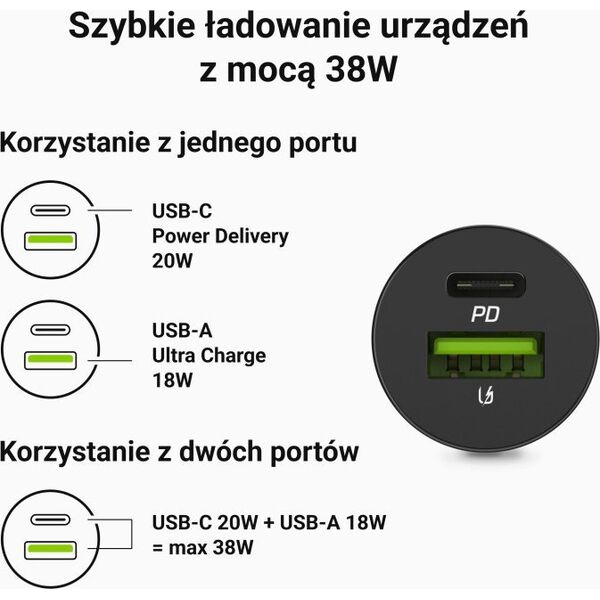 Ładowarka Green Cell Ładowarka samochodowa Green Cell PowerRide Nano 38W USB-C USB-A Power Delivery 3.0 z szybkim ładowaniem Ultra Charge
