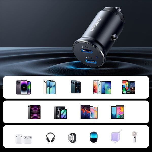 Ładowarka Joyroom Mini ładowarka samochodowa do gniazda zapalniczki 30W 2x USB-C metalowa czarna Mini ładowarka samochodowa do gniazda zapalniczki 30W 2x USB-C metalowa czarna
