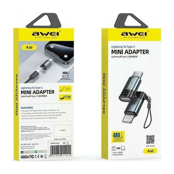 Adapter USB Awei AWEI Adapter A12 Lightning/USB-C szare    /grey