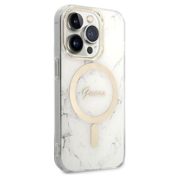 Ładowarka Guess Zestaw Guess etui + ładowarka bezprzewodowa GUBPP14LHMEACSH Apple iPhone 14 Pro biały/white hard case Marble MagSafe