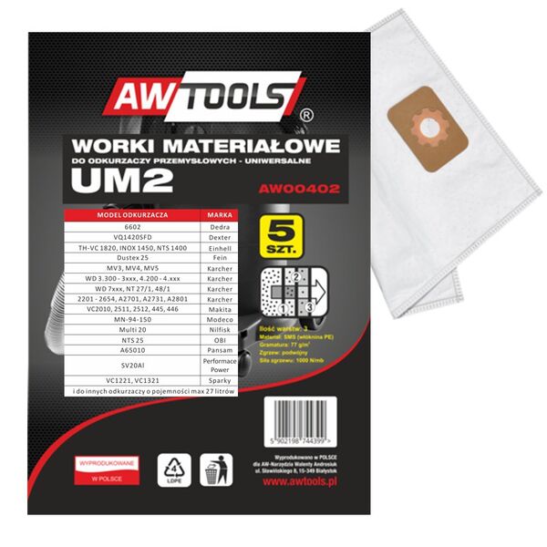 Worek do odkurzacza AWTools z mikrowłókniny UM2 MAKITA VC2010/2511/2512/445/446 5szt. (AW00402) 3177501 5902198744399