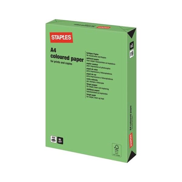 Staples STAPLES Papier kolorowy INTENSIVE COLOURS A4 80G, zielony/deep green, ryza 500 arkuszy 4693376 5033811950429