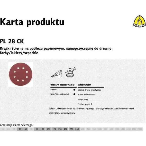 Klingspor krążek ścierny samoprzyczepny125mm PL28CK gr.150 GLS5, 8 otworów, 50 sztuk (270702) 4915318 5907560042172