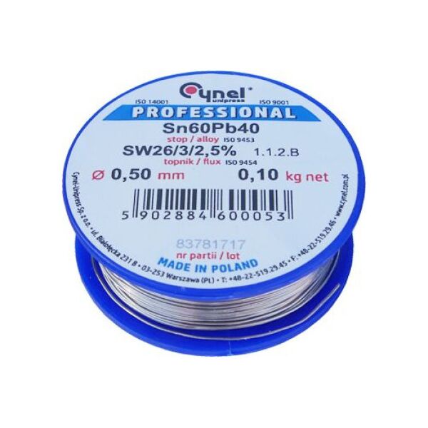 Mojeledy Cyna 0,50mm 100g SW26/3/2.5% spoiwo lutownicze (Sn60Pb40 ) 5011170 5902884600053