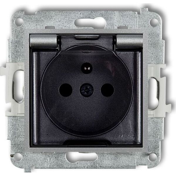 Karlik MINI Gniazdo bryzgoszczelne z/u IP44 z przesłonami klapka dymna srebrny metalik 7MGPB-1zdp 6009886 5903268585072