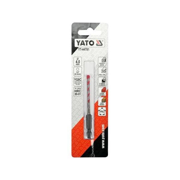 Wiertło Yato `Wiertło uniwersalne 4,0x85 mm.uchwyt 1/4"Hex (beton,ceramika,stal,alum.,PCV,drewno) 6225591 5906083038303