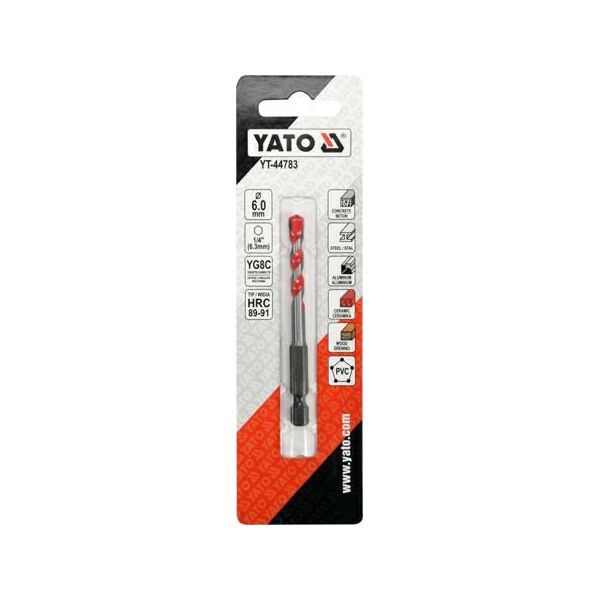 Wiertło Yato `Wiertło uniwersalne 6,0x85 mm.uchwyt 1/4"Hex (beton,ceramika,stal,alum.,PCV,drewno) 6225593 5906083038327
