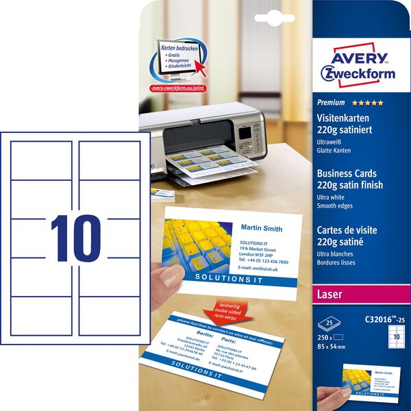 Avery Zweckform WIZYTÓWKI SATYNOWANE 220 G DWUSTRONNE 85 X 54 MM AVERY QUICK CLEAN 250 WIZYTÓWEK, BIAŁY 7703934 4004182242797