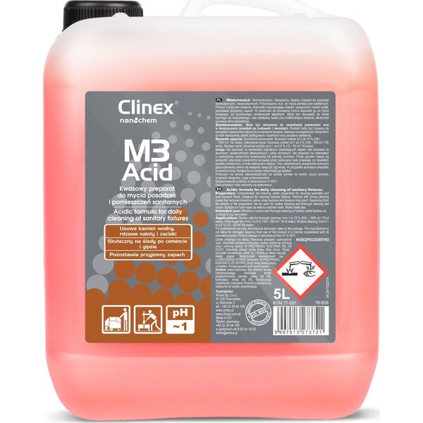 Clinex Koncentrat kwaśny płyn do mycia łazienek pomieszczeń sanitarnych CLINEX M3 Acid 5L Koncentrat kwaśny płyn do mycia łazienek pomieszczeń sanitarnych CLINEX M3 Acid 5L 8147874 5907513273721