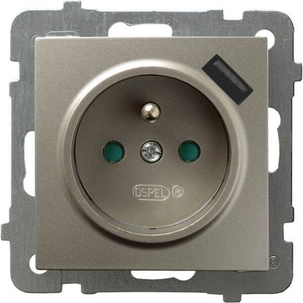 Ospel AS Gniazdo pojedyncze z uziemieniem z przesłonami torów prądowych, z ładowarką USB satyna light GP-1GZPUSB/m/45 8374743 5907577493431