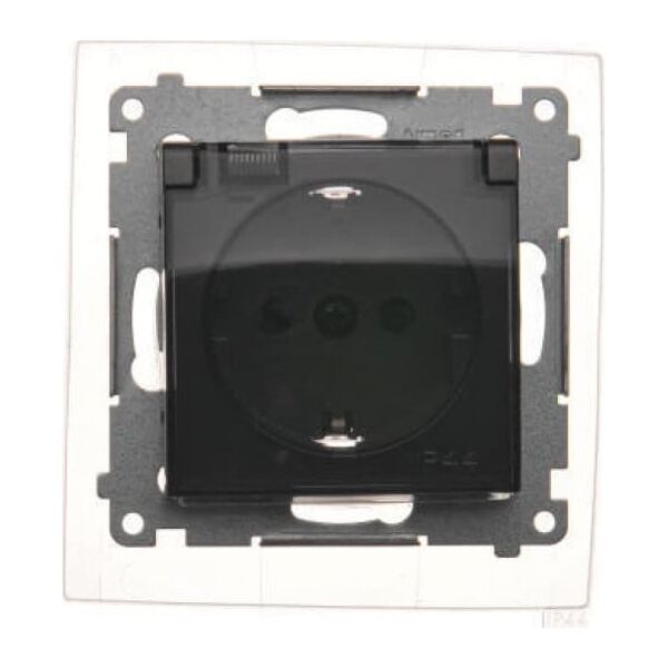 Kontakt-Simon Simon 54 Gniazdo Schuko do wersji IP44 z przesłonami z uszczelką ramki (moduł) 16A 250V klapka transp. czarny mat DGSZ1BZ.01/49A 10134591 5902787870973