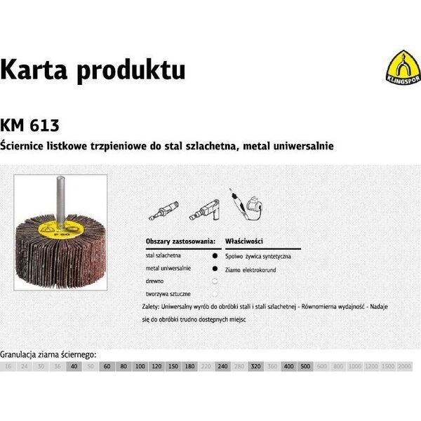 Klingspor KLINGSPOR ŚCIERNICA LISTKOWA TRZPIENIOWA KM613 20mm x 20mm x 6mm gr. 40 10362091 4014855111862