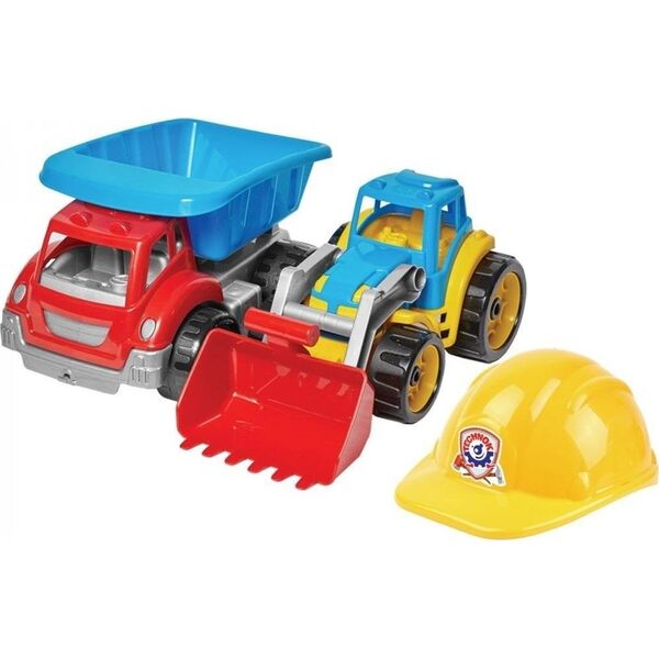 Technok Zestaw pojazdów budowlanych koparka wywrotka + kask Maluch Budowlaniec 1 w siatce TechnoK 3954 p3 10615499 4823037603954