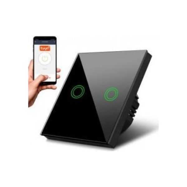 Maclean Włącznik dotykowy światła Maclean MCE714B podwójny, SMART, Tuya APP, szklany, czarny z okrągłym podśw. przycisku, 86x86mm 10799433 5902211124634