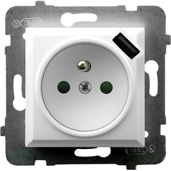Ospel Gniazdo pojedyncze Ospel Aria GP-1UZPUSB/m/00 z uziemieniem z przesłonami z ładowarką USB 2,1A białe 10800236 5907577491611