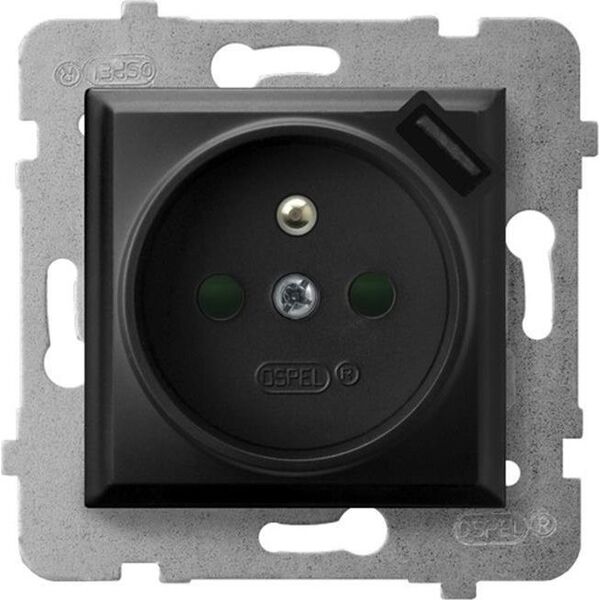 Ospel Gniazdo pojedyncze Ospel Aria GP-1UZPUSB/m/33 z uziemieniem z przesłonami z ładowarką USB 2,1A czarny metalik 10800237 5907577491635