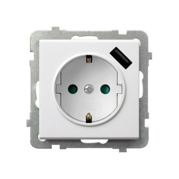 Ospel Gniazdo pojedyncze Ospel Sonata GP-1RSPUSB 2,1A/m/00 z uziemieniem schuko z przesłonami z ładowarką USB 2,1A białe 10800246 5907577494728